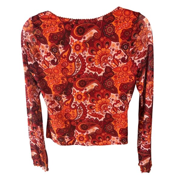 Retro Inspired Mesh Top Juniors L Orange Paisley Bell Sleeves Hippie Boho - Picture 2 of 9